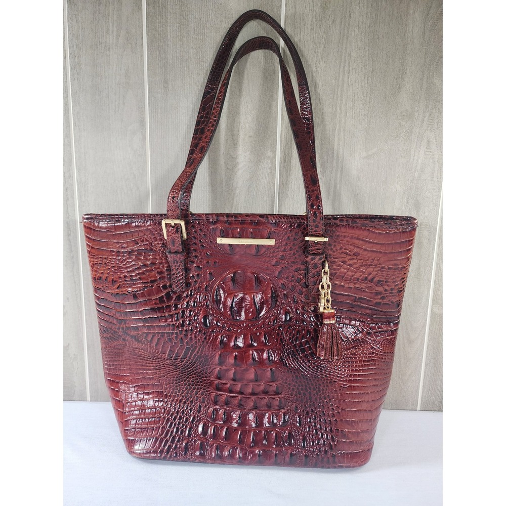 Brahmin Medium Asher Tote Women Croc Embossed Leather Pecan Melbourne Tassel Bag